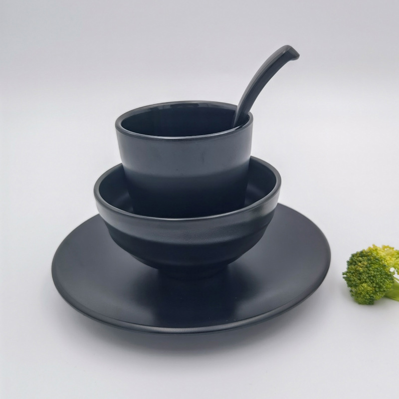 密胺黑色磨砂摆台四件套商用火锅店茶餐厅日韩料理台面碗碟勺套装