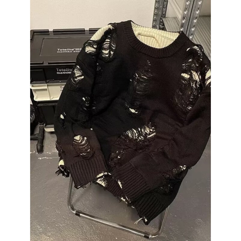 American-style High Street Fake Two-piece Hole Sweater Men's and Women's Autumn and Winter Design Sense Niche All-match Lazy Style Knitted Jacket