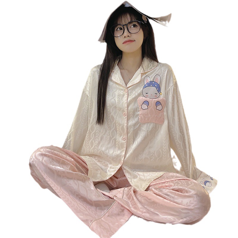 Linda dulce chica pijamas de las mujeres seda del hielo la solapa cardigan manga larga Otoño e Invierno Nueva Historieta ocasional desgaste en casa traje