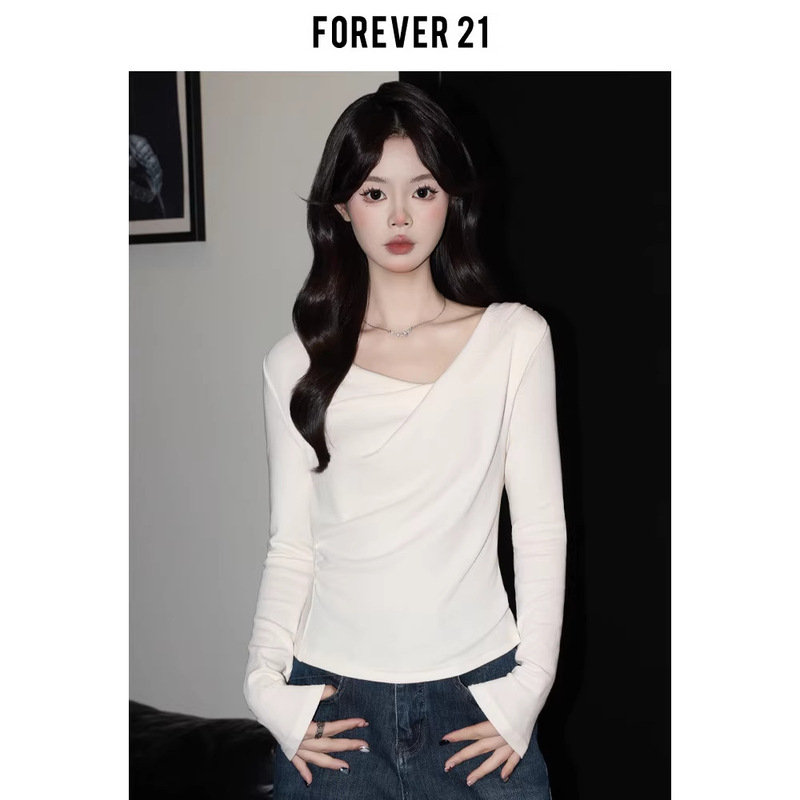 Forever21 Stylish White Asymmetrical Neckline T-Shirt for Women, Spring Design, Waist-Cinching, Slim-Fit Long-Sleeve Top Forever21 Stylish White Asymmetrical Neckline T-Shirt for Women, Spring Design, Waist-Cinching, Slim-Fit Long-Sleeve Top