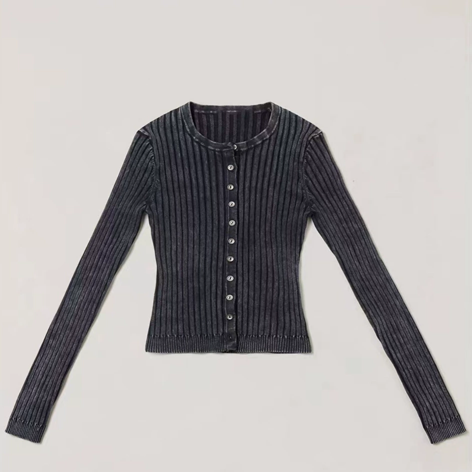 SK wild retro knitted cardigan stonewashed button thread slim top for outer wear