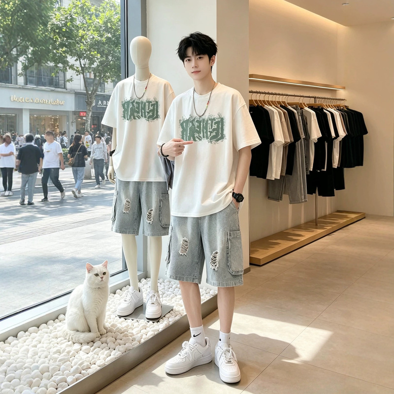 Pure Cotton T-Shirt, Short-Sleeved Shorts Set for Boys, Summer Men's Clothing, Complete Outfit for Teenagers, Trendy and Handsome
