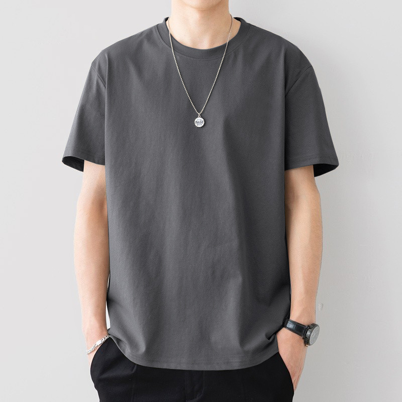 Pure Cotton Short-Sleeved T-Shirt Men's Summer New Loose Round Neck Pure Color Versatile Top Trendyy Casual Bottoming for Young and Middle-Aged People