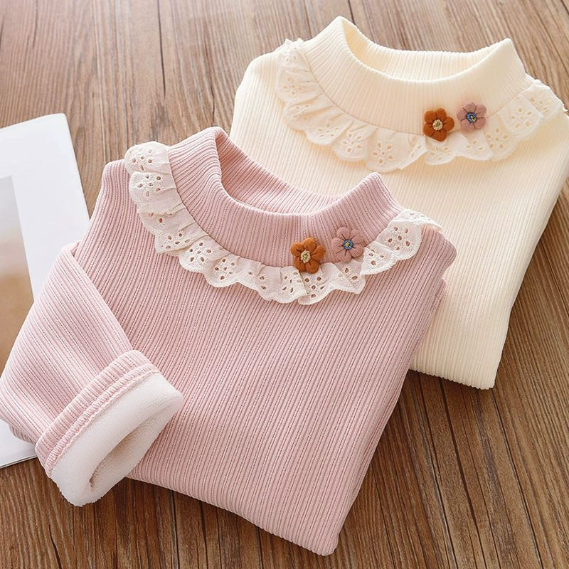 Winter base body-friendly children's fleece velvet thermal underwear, knitted T-shirt, high collar