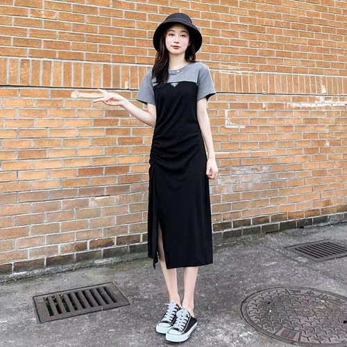 Women's Summer Long Dress, Body-Slimming, Stylish, Splicing, Short Sleeve, Knee-Length, Slit Dress