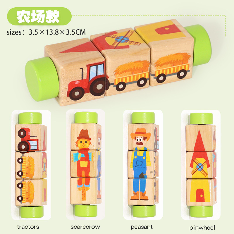 Bloques de Rompecabezas Tridimensionales Transfronterizos, Animales de Dibujos Animados, Frutas y Verduras, Transporte, Juguetes Educativos para Niños, Rompecabezas Giratorio de Madera