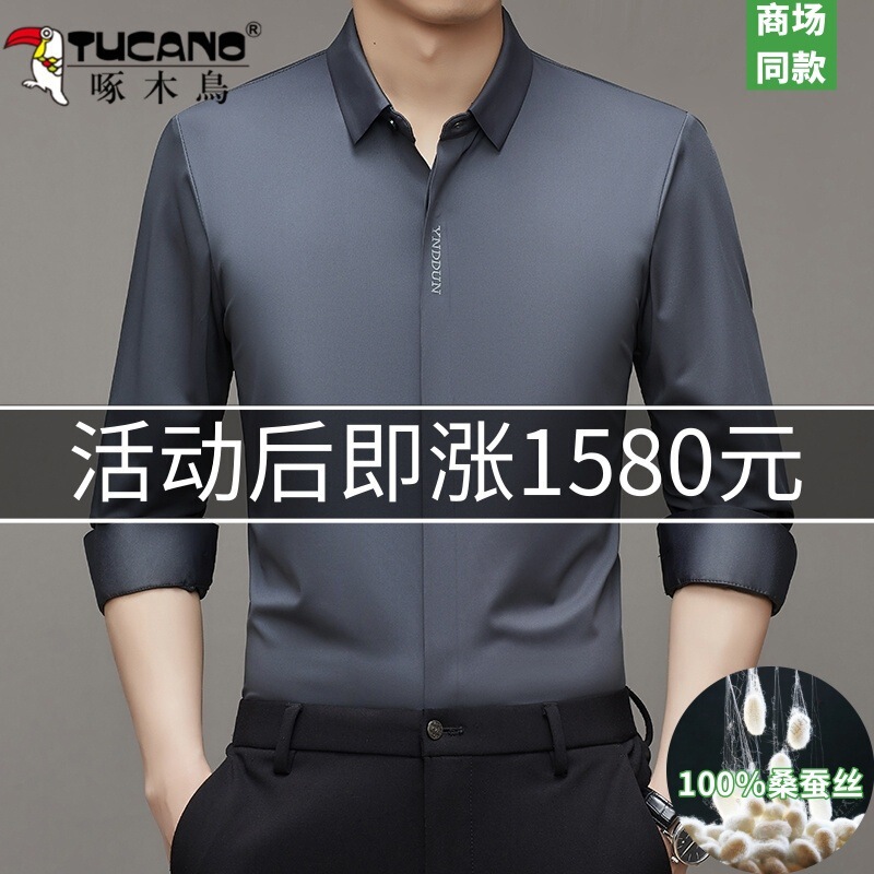 Woodpecker Mulberry Silk Spring and Autumn Men's Anti-Wrinkle Solid Color Seamless No-Iron Shirt Silky Elastic Shirt for Men