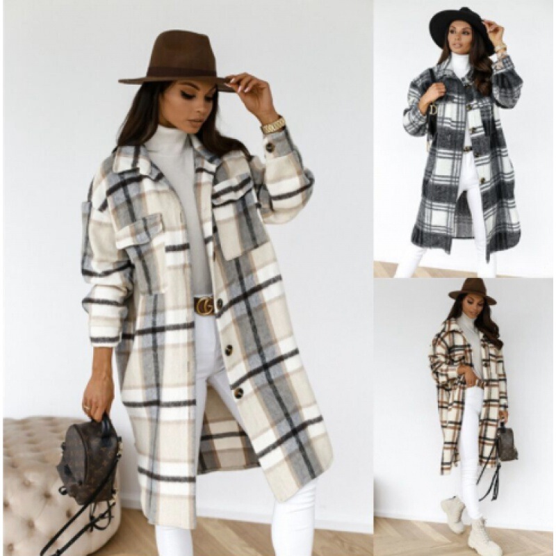 Cross-border Europe and the United States Amazon autumn and winter new women's long sleeve plaid printed long woolen coat women's fashion