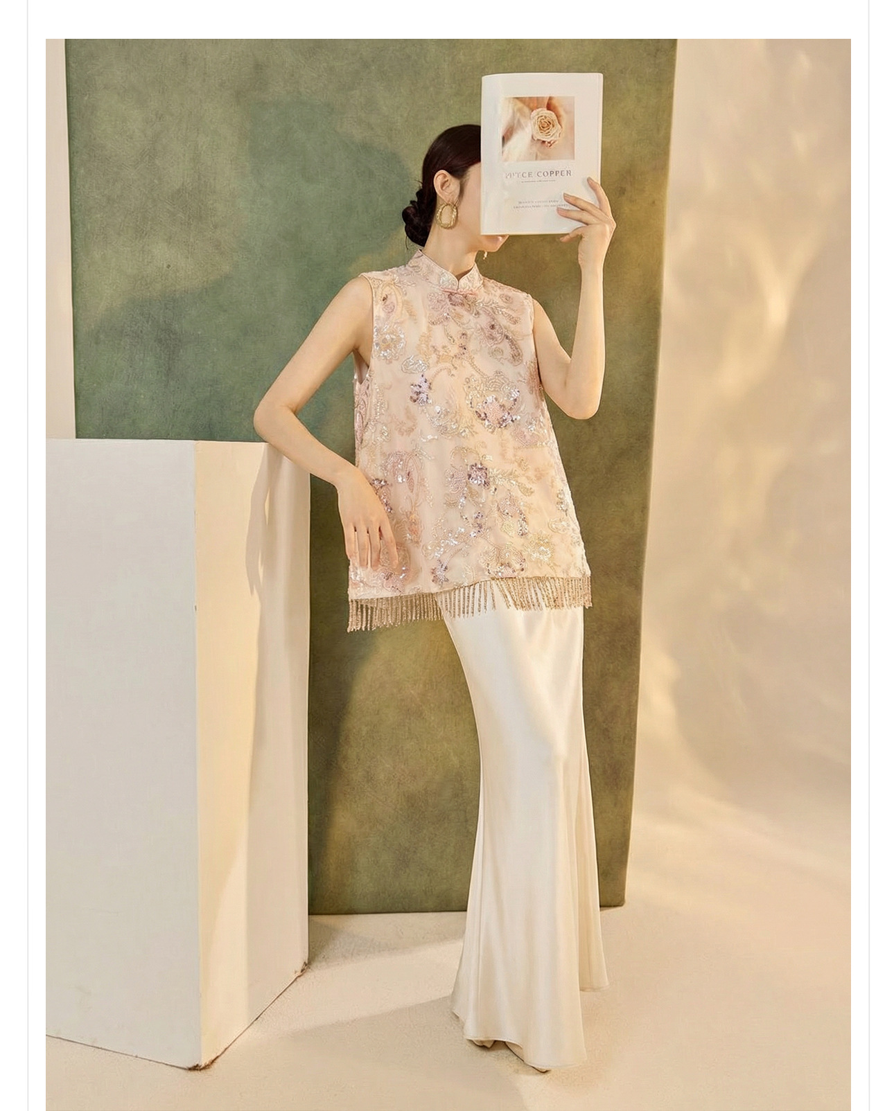 Áo gile nữ thêu sequin tua rua phong cách tân cổ điển xuân hè — xanh lam, màu mơ chi tiết 7