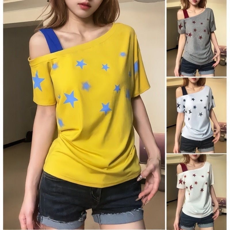 アメリカンスタープリント斜め肩サスペンダー半袖Tシャツレディース夏ニッチホットガールスタイルシックなデザイントップス新しいスタイル|undefined
