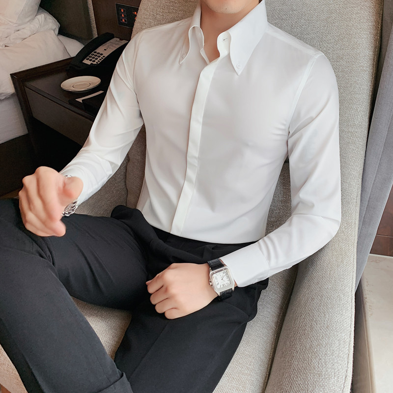 Perennial Supply Men's Shirt Large Point Collar Quality Non-Ironing Shirt Korean Style Elegant Dark Placket Casual Long Sleeve Shirt Perennial Supply Men's Shirt Large Point Collar Quality Non-Ironing Shirt Korean Style Elegant Dark Placket Casual Long Sleeve Shirt