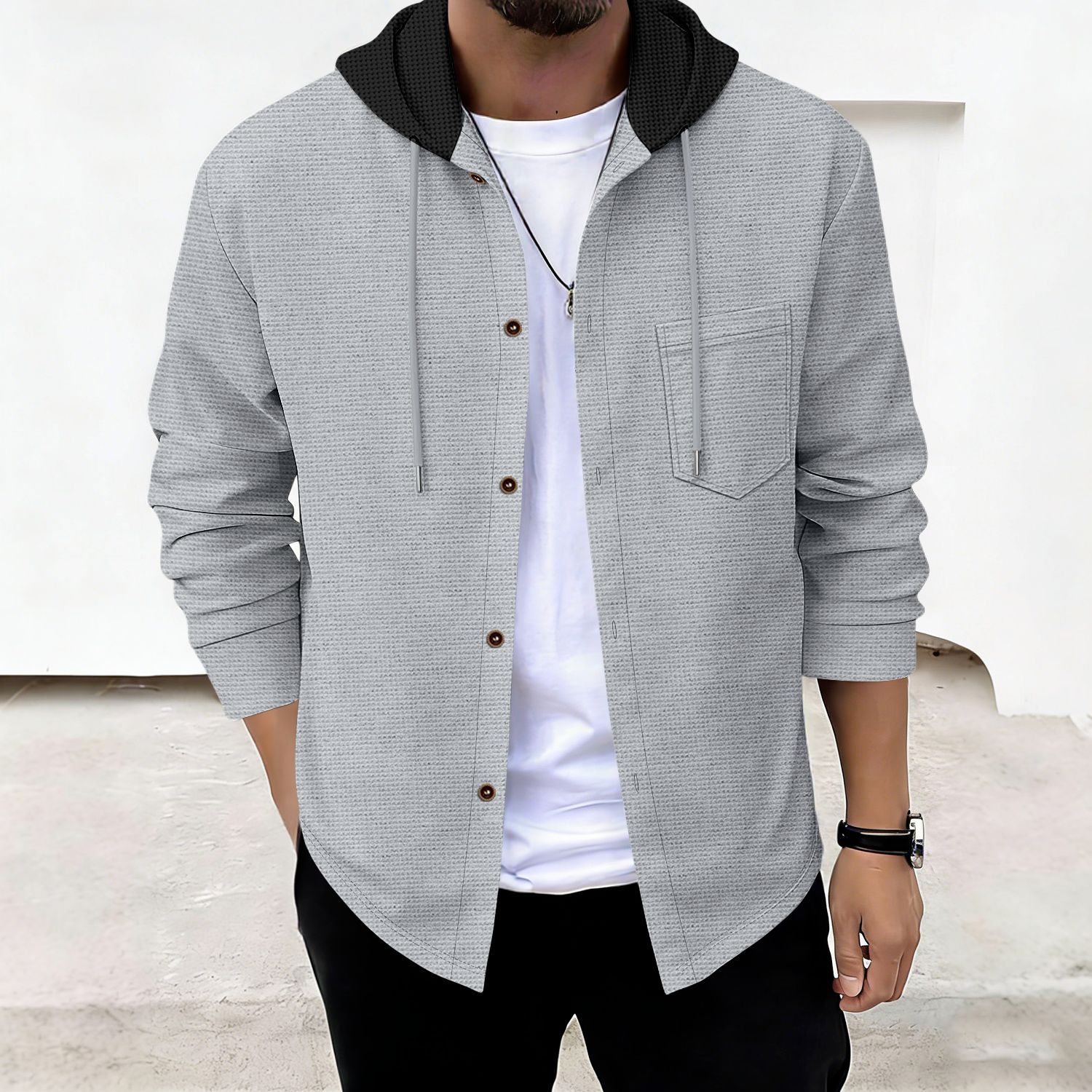 Heren wafelgebreide hoodie met zakken en knopen voor casual look_voghion.com