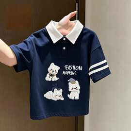 童装女童POLO领短袖夏装儿童撞色翻领薄款卡通中大童印花T恤短袖