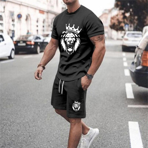 New cartoon 3D printed men's T-shirt sports set casual plus-size short sleeve for cross-border trade