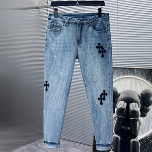 Cross-border high-end version Chrome Hearts Crucifix leather jeans tapered high-end fashion trend