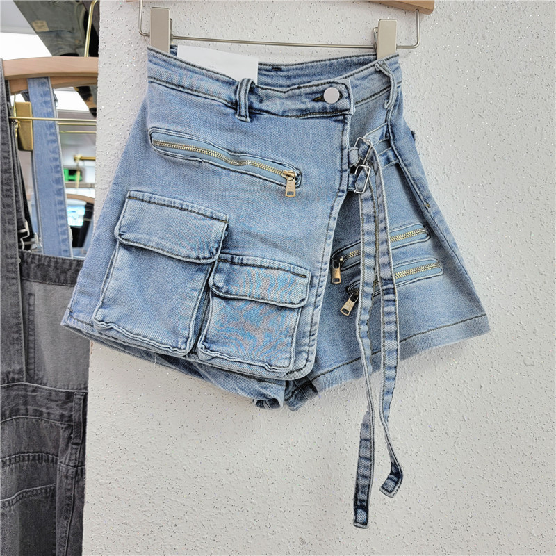 Korean Style Irregular Multi-Pocket Overalls A- Line Shorts Women's Loose Wide Leg Pants Spring and Summer 2023 New Denim Culottes Korean Style Irregular Multi-Pocket Overalls A- Line Shorts Women's Loose Wide Leg Pants Spring and Summer 2023 New Denim Culottes