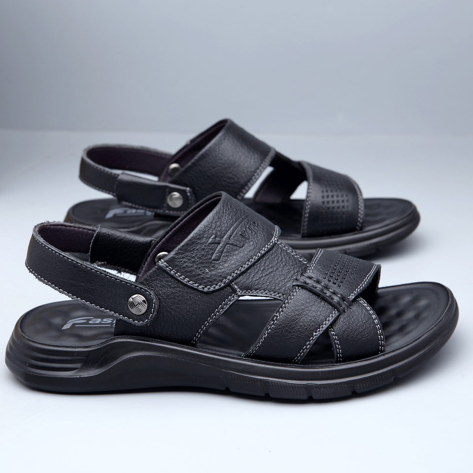Dép sandal nam da bò hở ngón gót bằng 2,5 cm thoáng khí chống trượt — Kaki, Màu đen