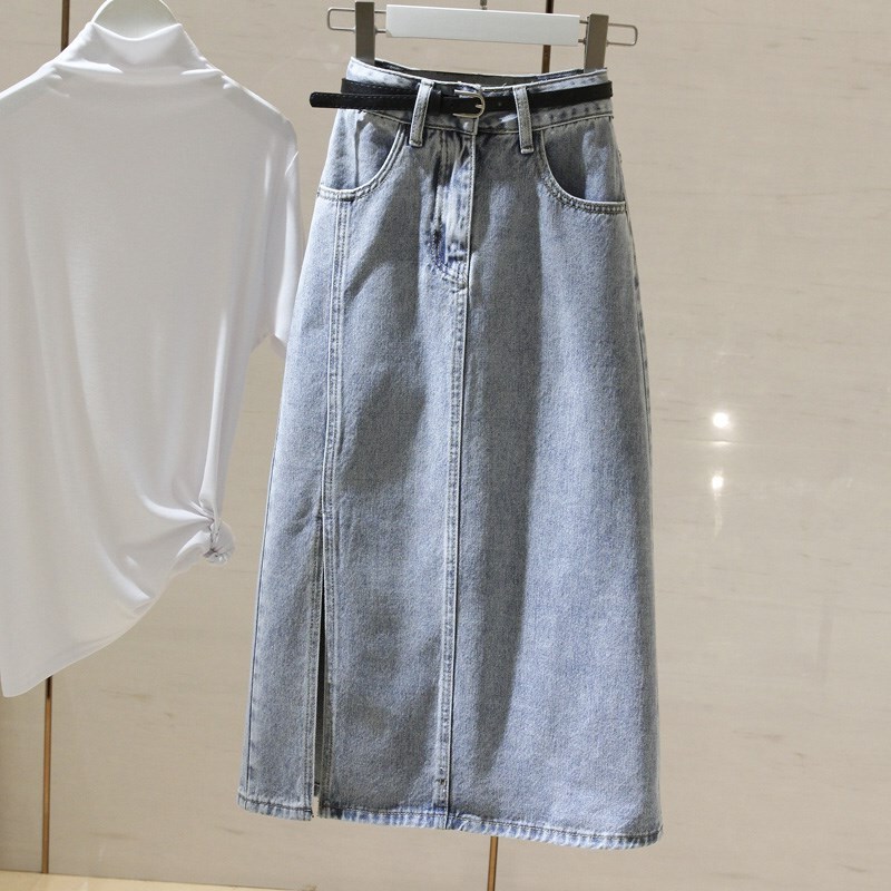 Light Blue High Waist Denim Skirt Women's Mid-Length 2024 Spring New Slimming Split Hip A- Line Skirt