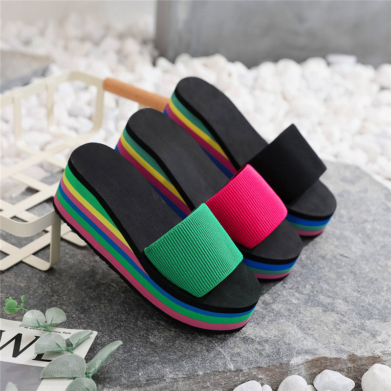 Slippers for Women, Flip-Flops, Women's Summer Rainbow Thick-Soled Sandals, High Heels, Internet Celebrity Colorful Outer Wear, Casual Beach