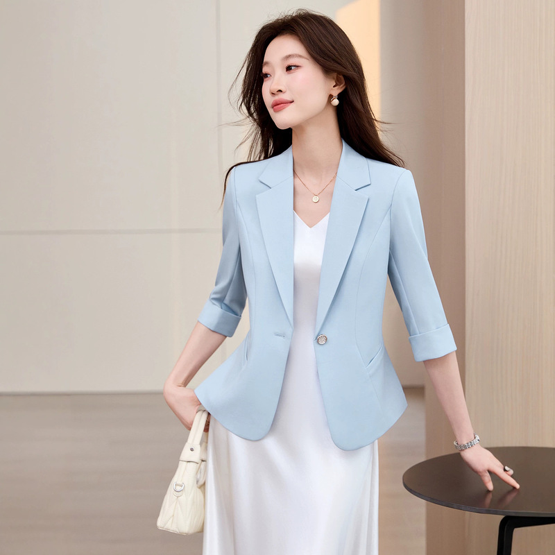 [Foreign Trade Hot Item] Light Blue Blazer Jacket for Women, Summer 2026, Elegant Slim Fit, Single Button Short Top