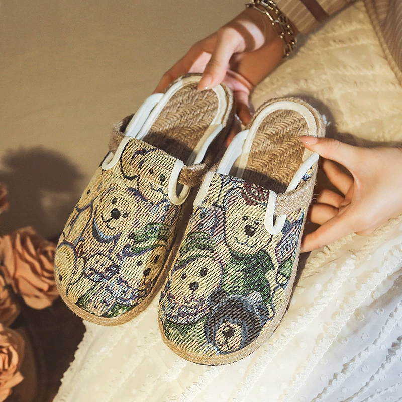Старая пекинская тканевая обувь, женские сандалии на плоской подошве, льняные тапочки без шнуровки с круглым носком в этническом стиле для студентов