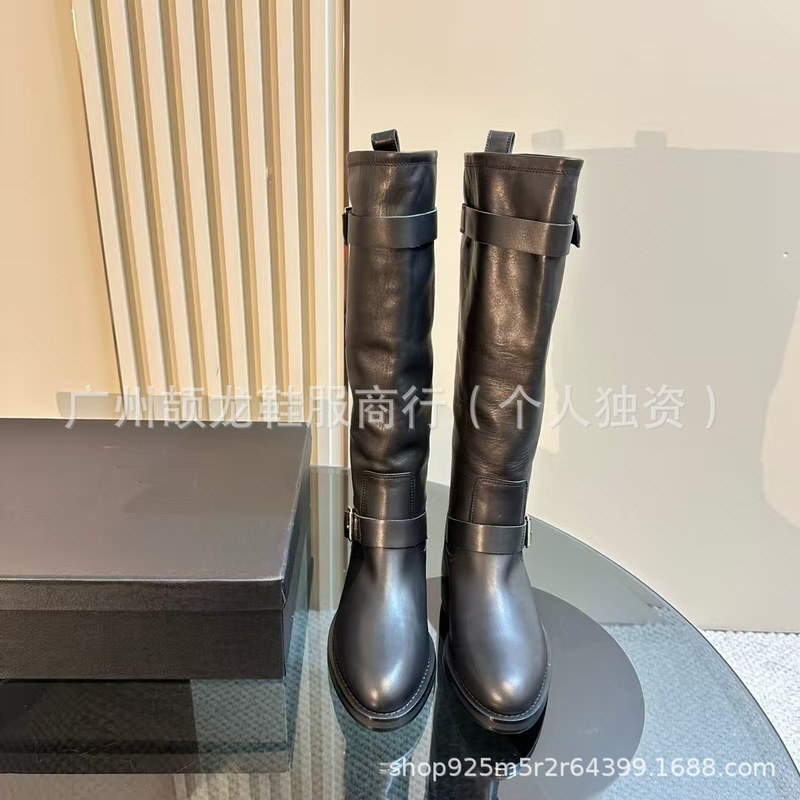 高端2025秋冬新款真皮圆头复古平跟皮带扣高筒骑士靴不过膝长靴女|undefined