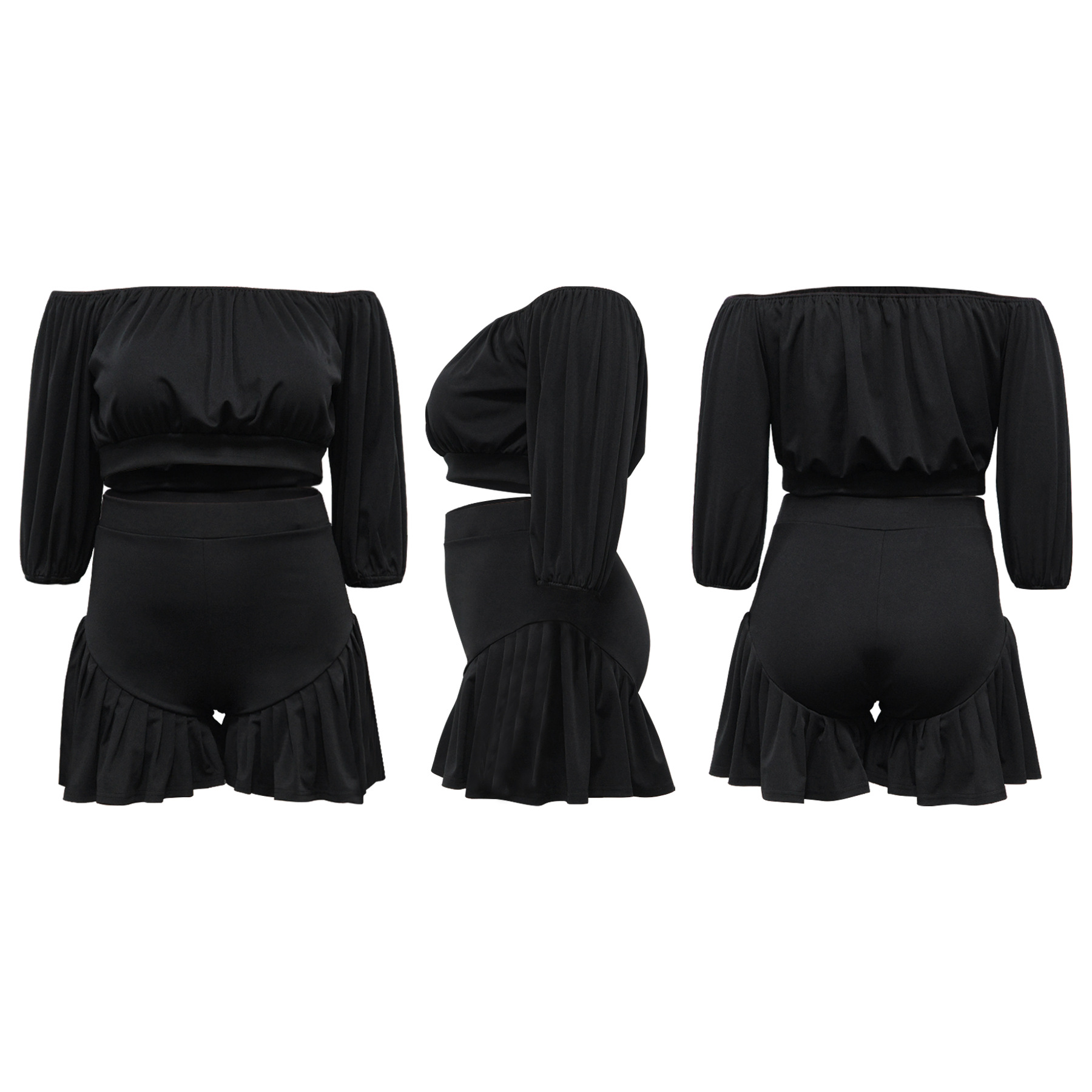 350g Weight Long Sleeve Sleeve Length Spandex, Polyester Fabric Type Shorts Co-ord Set Sets Type 2 Pieces Set Quantity Daily Occasion Off Shoulder Neckline Slim Fit Type Solid Color Pattern Summer Season Casual Style Daily Casual Solid Color Spandex Polyester Shorts Co-ord Set Plus Size Two-piece Sets 1
