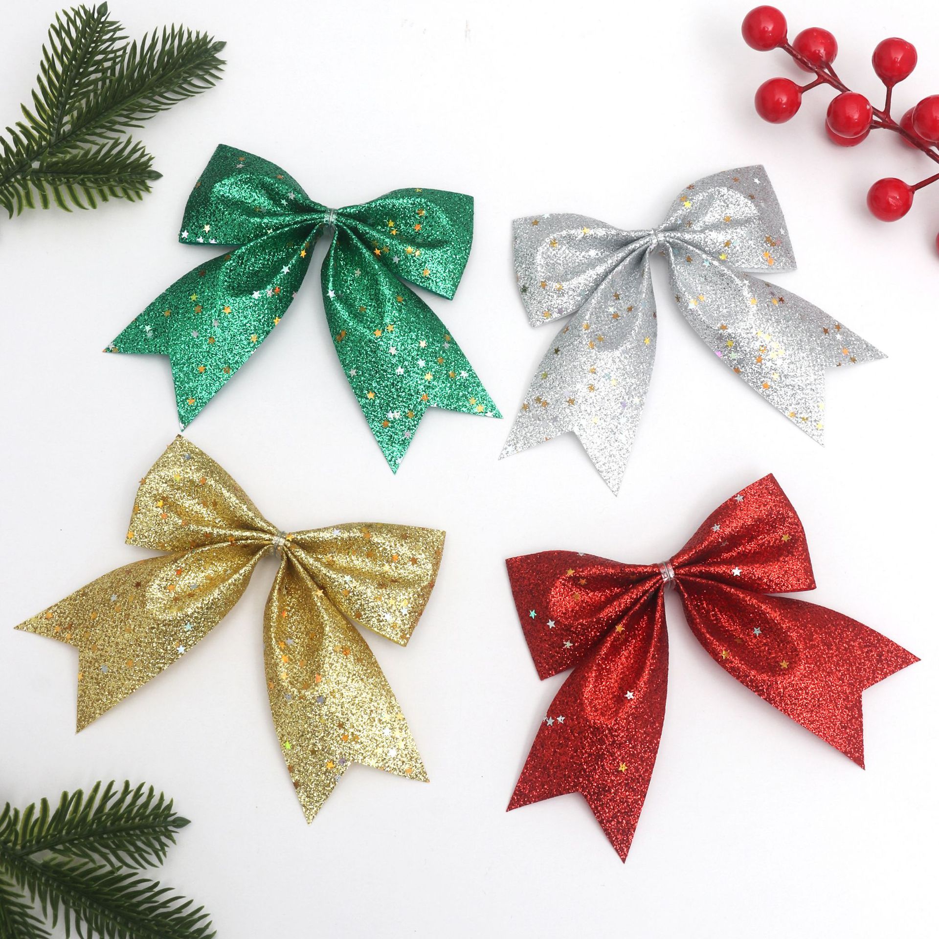 Cross-Border Christmas Tree Bow Decorations Festive Gold Glitter Star Christmas Bow Party Decoration Pendant