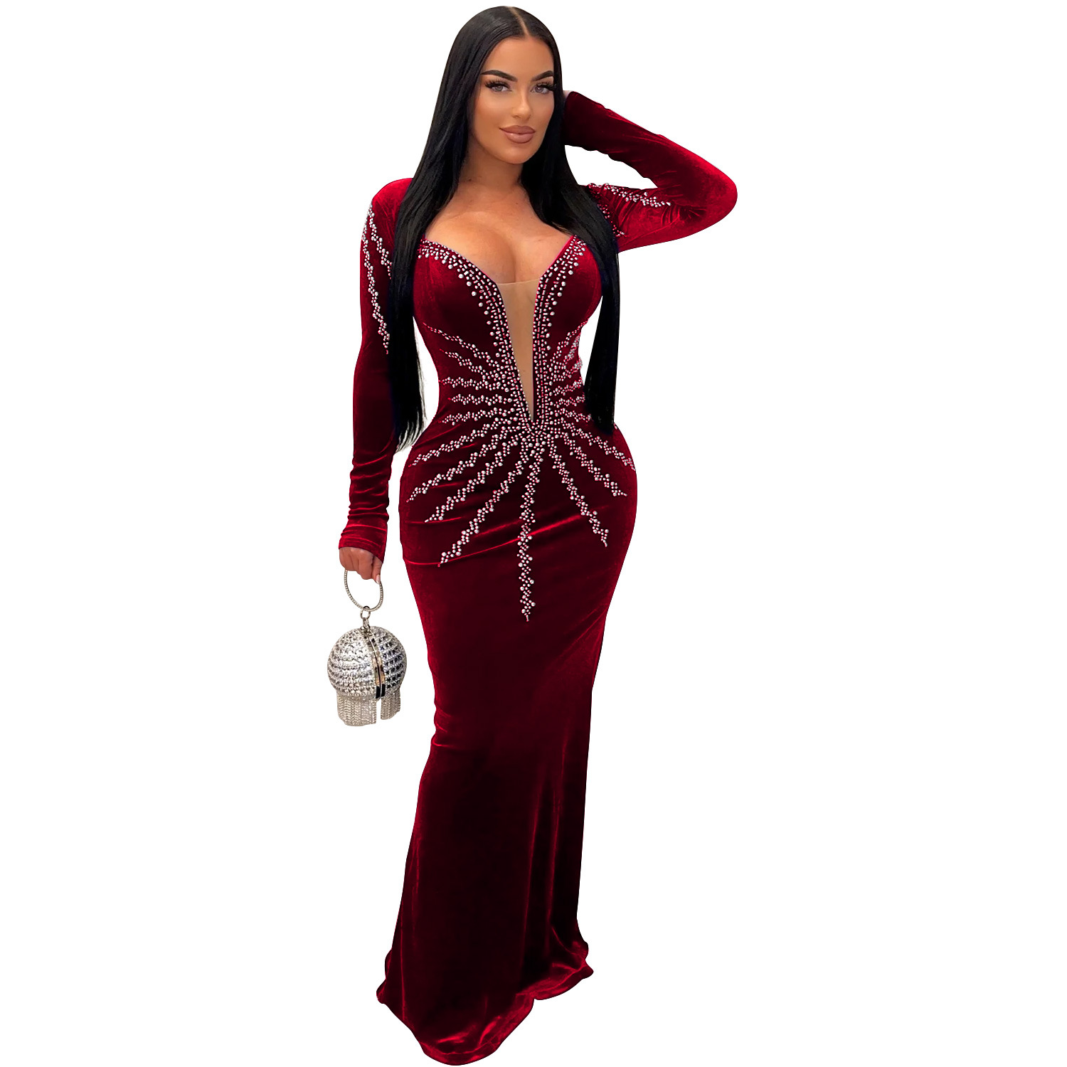 C6827 transfronterizo AliExpress Amazon europeo y americano de la moda de las mujeres color sólido sexy rhinestone Vestido de manga larga image 7