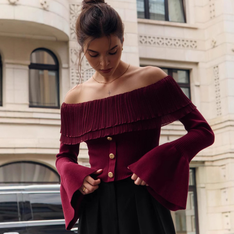 European and American Clothing New French Knitwear Tops One-Line Collar Off-Shoulder Knitwear Long-Sleeved Button Splicing Top Knitwear European and American Clothing New French Knitwear Tops One-Line Collar Off-Shoulder Knitwear Long-Sleeved Button Splicing Top Knitwear