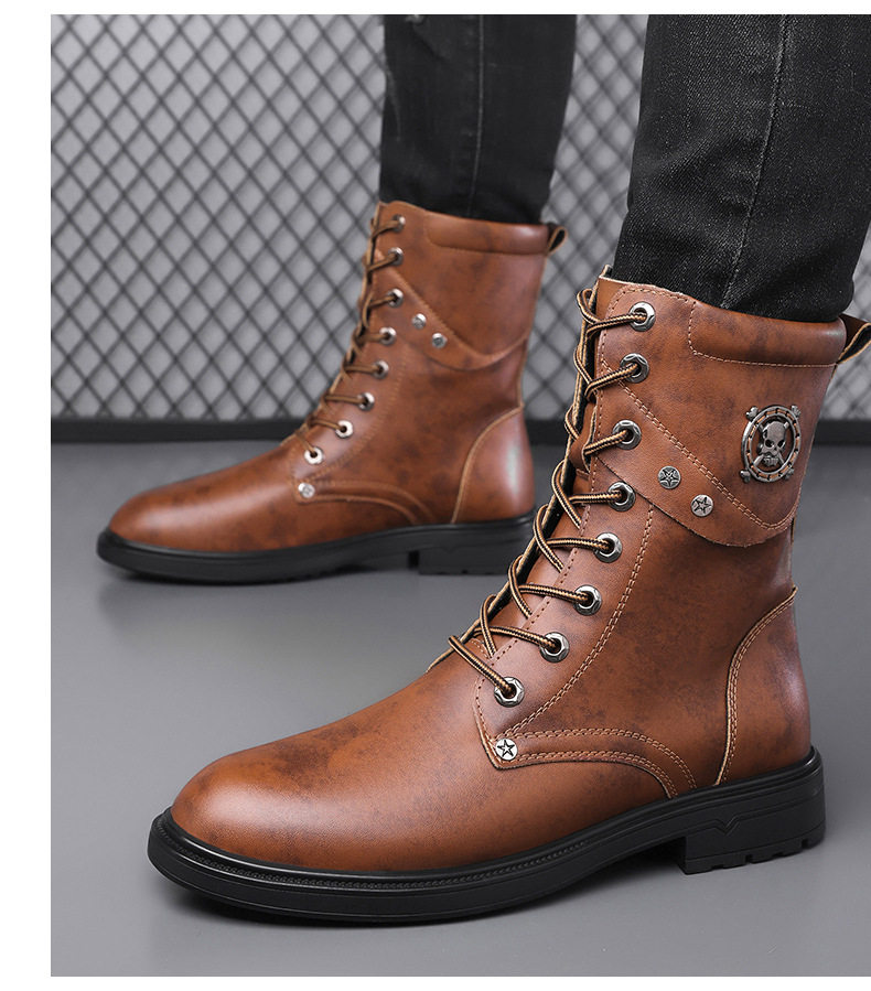 Giày bốt Martin nam cổ cao dây buộc mũi rộng phong cách denim, đế cao su chống trượt thoáng khí nhẹ nhàng — Màu nâu lót bông, Màu nâu lót da, Màu đen lót bông, Màu đen lót da chi tiết 16