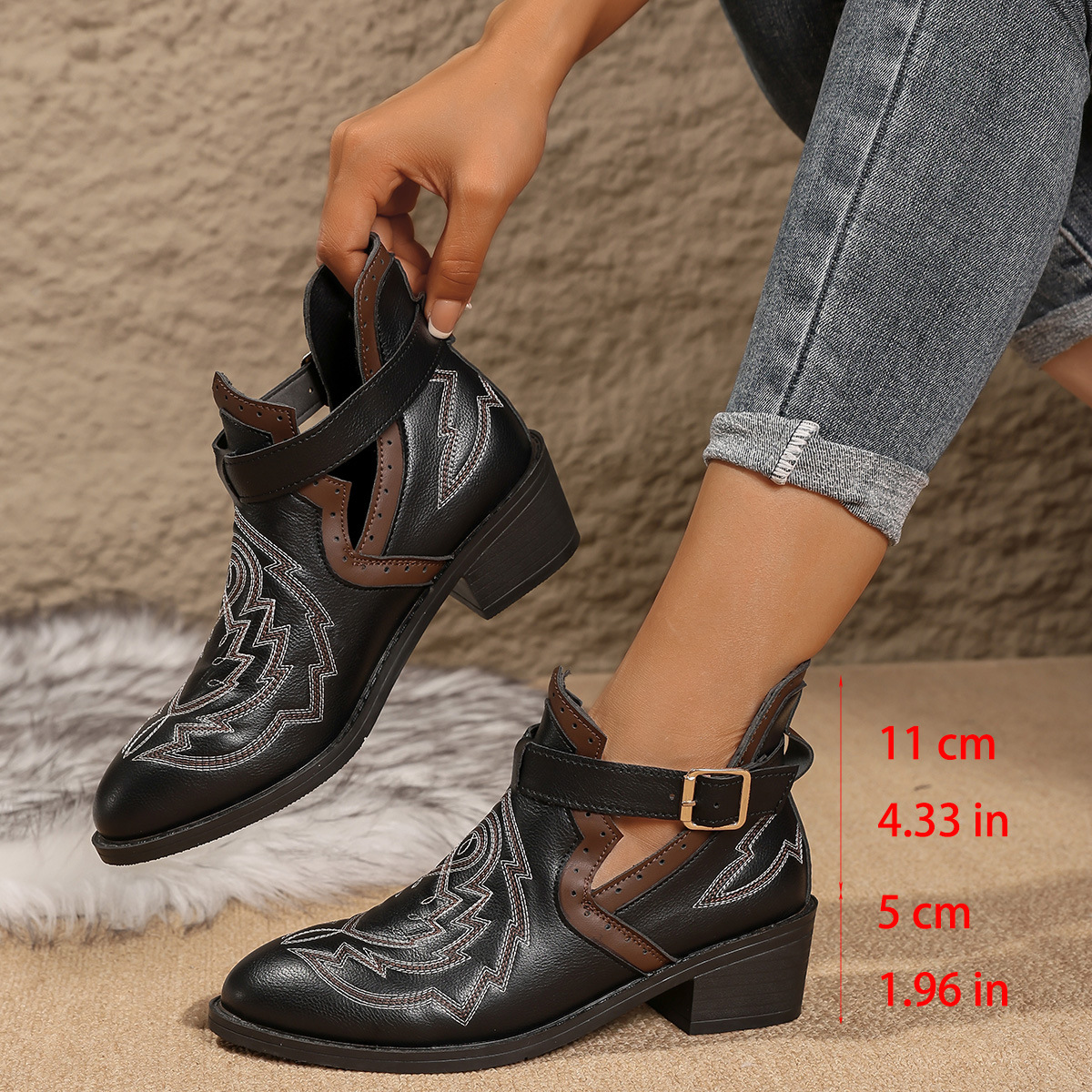 Women's Retro Embroidered Color Block Mid Heel Ankle Boots Plus Size British Style Martin Boots Autumn New Style_vogvips.com