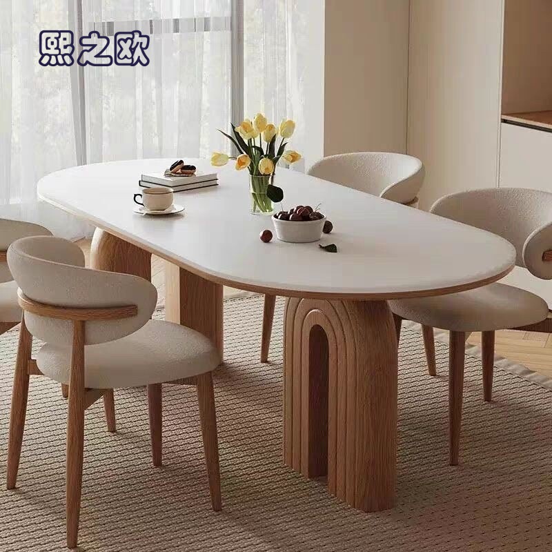 Light Luxury, Simple and Stylish Korean-Style Cream Dining Table and Chair Set | Modern Retro Oval Solid Wood Slate Dining Table