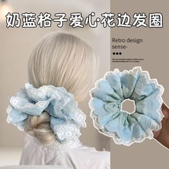 雲の泡芙 ~ 青い二重レースの大腸のシュシュの女性の高級感の韓系の団子の頭の超巨大な頭の縄の髪飾り
