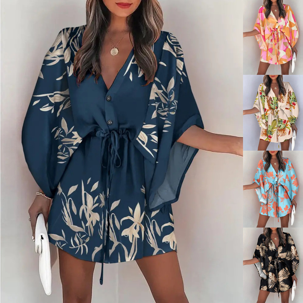 151g Weight Wholesale Women'S Fashion Printing Plant Daily V Neck Short Sleeve Irregular Skirt