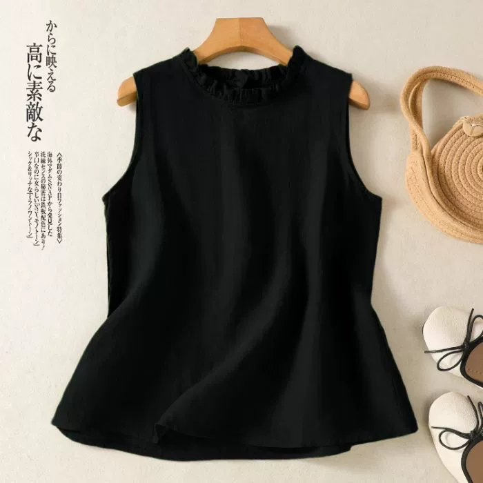 Художественный ретро однотонный топ без рукавов в простом стиле, новый летний жилет с рюшами на вырезе, женская одежда из хлопка и льна