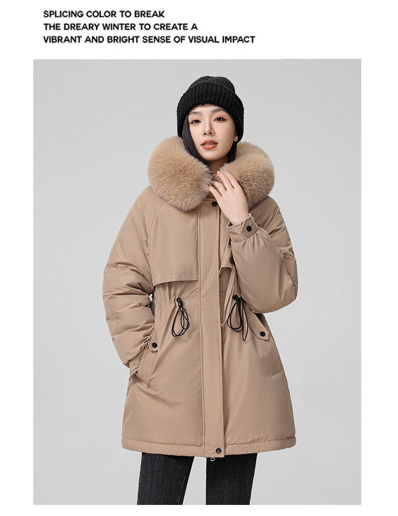 2024 foreign trade overcomes women's winter new Korean version waist cinching slimming hooded big fur collar cotton_voghion.com