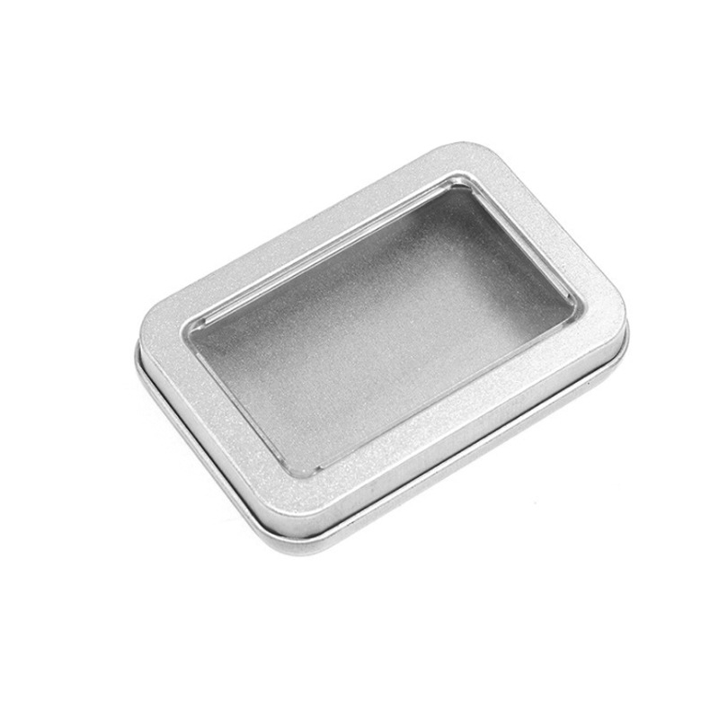 Caja de hierro en stock embalaje caja vacía caja de hojalata rectangular Ventana de PVC multi-tamaño caramelo U-placa caja imprimible logotipo