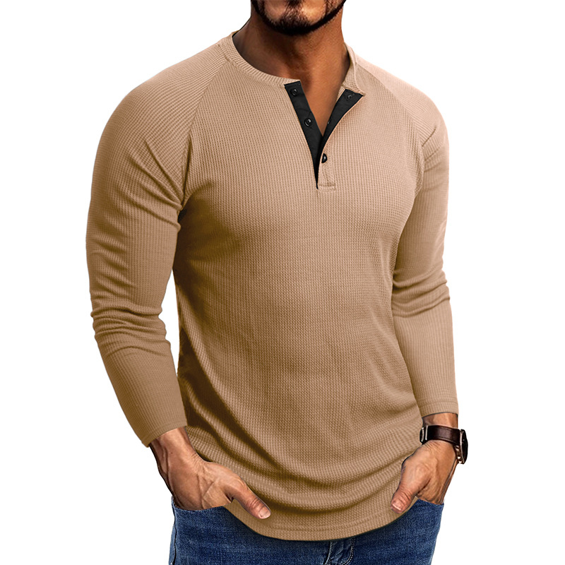 2023 Otoño e Invierno ropa de hombre europea y americana Henry cuello de manga larga Camiseta Comercio exterior camisa de hombre waffle camiseta camisa de fondo