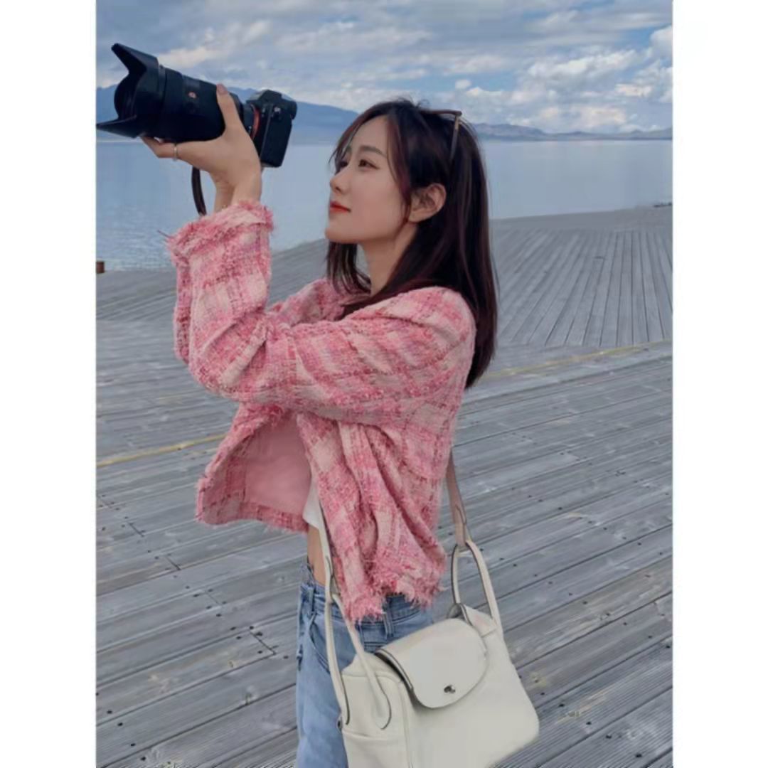 Pink Chanel-Style Jacket Autumn Long-Sleeve Women's Short French New Versatile Loose Socialite Tweed Top