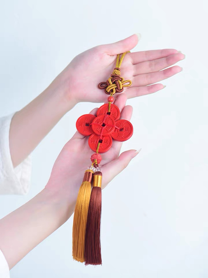 Imperial Sand Cinnabar Five Emperors Money Car Hanging Men's and Women's Chinese Knot Double Tassel Car Hanging Pendant Rearview Mirror Gift