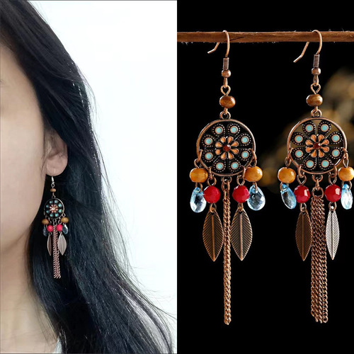 Retro personality leaf tassel ear hooks ethnic style face-showing thin chain earrings bohemian versatile earrings dropshipping