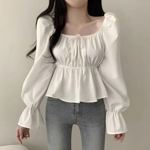 Spring and Summer New Korean Sweet Square Collar Short Lace Waistband Slimming Blouse for Women 