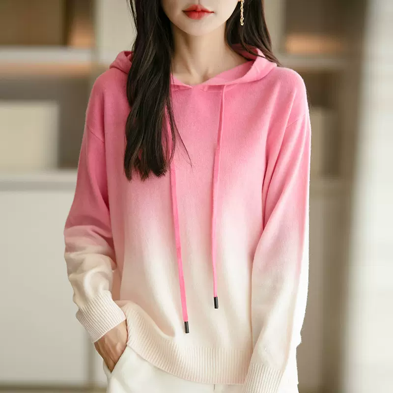 渐变色连帽慵懒风毛衣外套女2024秋冬新款韩版宽松针织卫衣女上衣