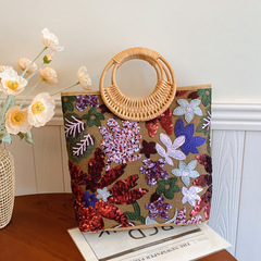 クロスボーダースパンコール草编みトートバッグ高级感小众刺繍レディースバッグ大容量ファッション编みハンドバッグ