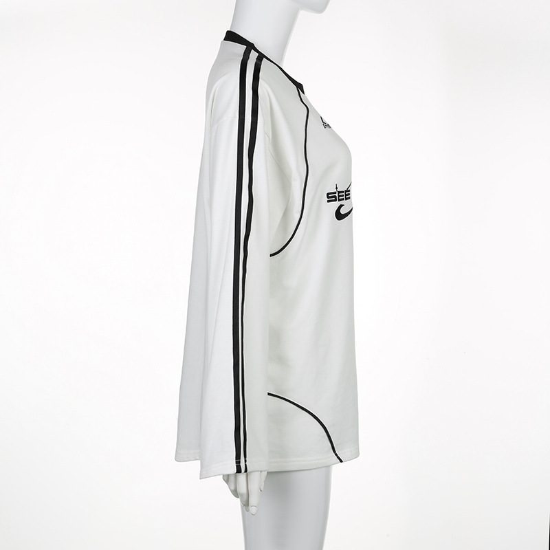 Felpa casual in stile americano con scollo rotondo e stampa di lettere, a blocchi di colore, vestibilità ampia, da donna, semplice da indossare durante il tragitto casa-lavoro_voghion.com