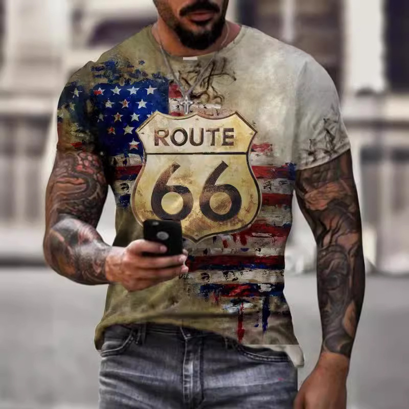 2023 cross-border T-shirt foreign trade Europe and the United States men's new 66 road 3D printing leisure 3DT shirt source manufacturers