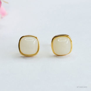 As soon as Yu S925 silver inlaid natural Hetian jade earrings white jade sugar earrings factory wholesale generation HT3082403