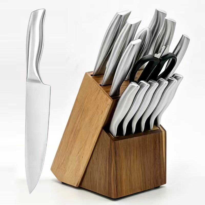 Amazon acero inoxidable hueco cuchillo conjunto de 15 piezas cuchillo de cocina cuchillo de frutas cuchillo de filete cuchillo de madera asiento fábrica Yangjiang