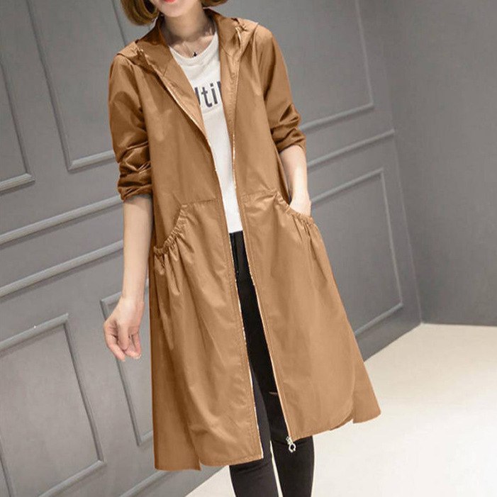 2024 European and American Autumn Hooded Mid-Length Over-The-Knee Spring Women's Trench Coat Loose Large Size Outerwear British Style 2024 European and American Autumn Hooded Mid-Length Over-The-Knee Spring Women's Trench Coat Loose Large Size Outerwear British Style